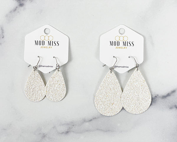 Leather+Canvas Teardrop Earring "Glitter White"