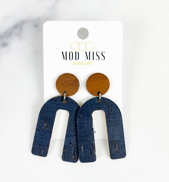 Cork+Leather Arch Earring "Navy "