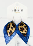 Leather Stacked Petal Earring "LeopardCrackle on MetallicRoyalBlue"