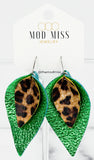 Leather Stacked Petal Earring "LeopardCrackle on MetallicGreen"