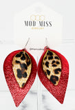 Leather Stacked Petal Earring "LeopardCrackle on MetallicRed"