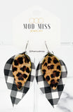 Leather Stacked Petal Earring "LeopardCrackle on MiniWhiteBuffaloPlaid"