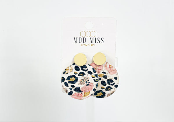 Cork+Leather Round Earring "Leopard Pansy"