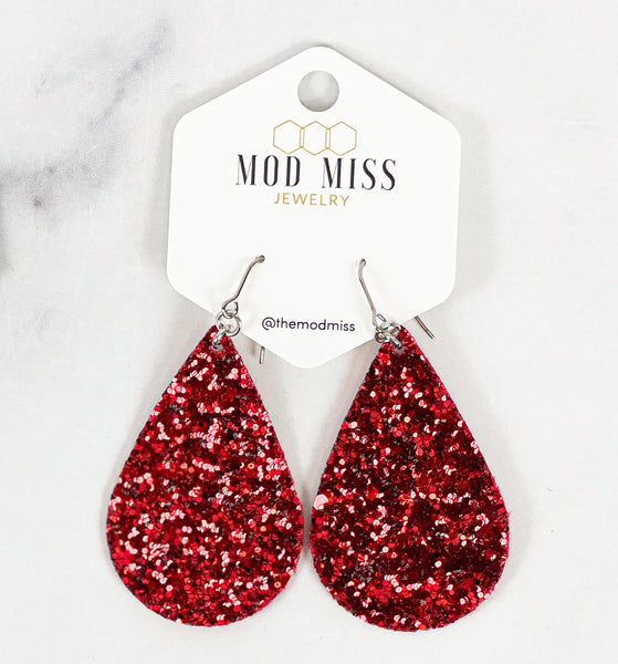 Leather+Canvas Teardrop Earring "Glitter Red"