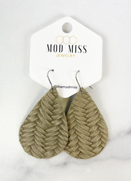 Leather Teardrop Earring "Weaved Stonewashed Gray"