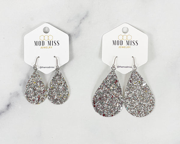 Leather+Canvas Teardrop Earring "Glitter Silver"