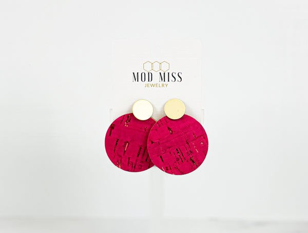 Cork+Leather Round Earring "Hot Pink"
