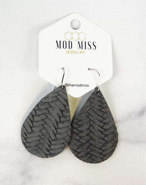 Leather Teardrop Earring "Weaved Slate Gray"