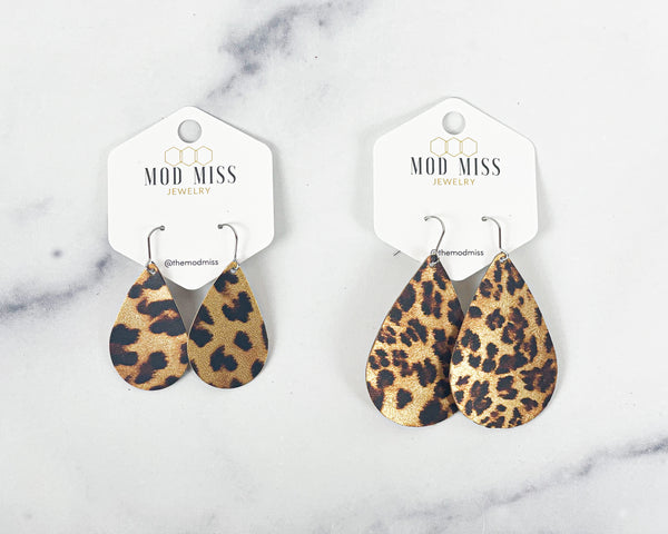 Leather Teardrop Earring "Leopard Metallic"