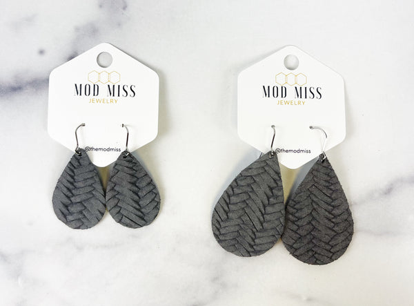 Leather Teardrop Earring "Weaved Slate Gray"