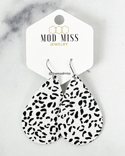 Leather Teardrop Earring "Dalmatian"