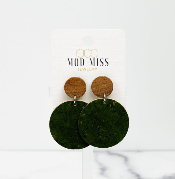 Cork+Leather Round Earring "Green"