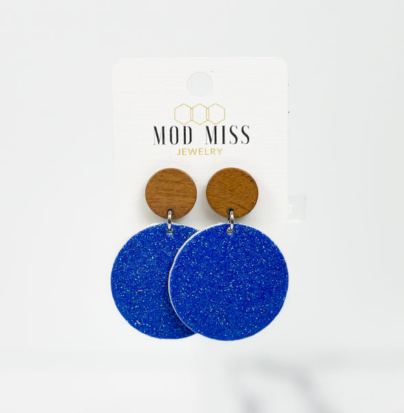Cork+Leather Round Earring "Fine Glitter Royal Blue"