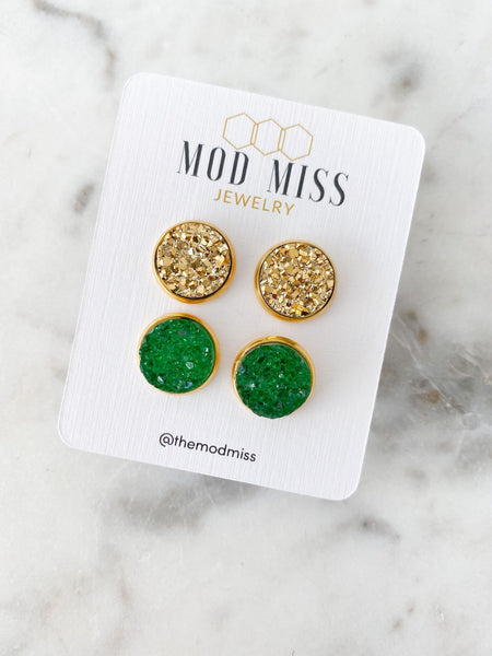 Druzy Stud Earring Set of 2 "Gold & Green in Gold Setting"
