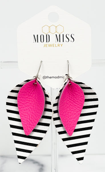 Leather Stacked Petal Earring "Hot Pink on Black and White Stripe (Thin Stripes)"
