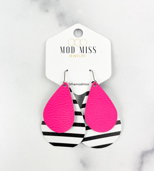 Leather Stacked Teardrop Earring "Hot Pink on Black & White Stripes (Thick Stripes)"