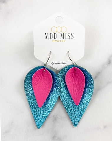 Leather Stacked  Petal Earring "Hot Pink + Metallic Turquoise "