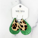 Leather Stacked Teardrop Earring "LeopardCrackle on MetallicGreen"