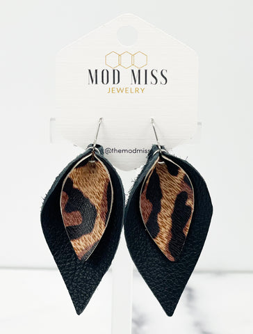 Leather Stacked Petal Earring "Leopard Urban on Black"