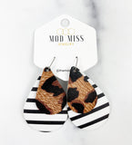 Leather Stacked Teardrop Earring "Leopard Urban on Black & White Stripes (Thick Stripes)"