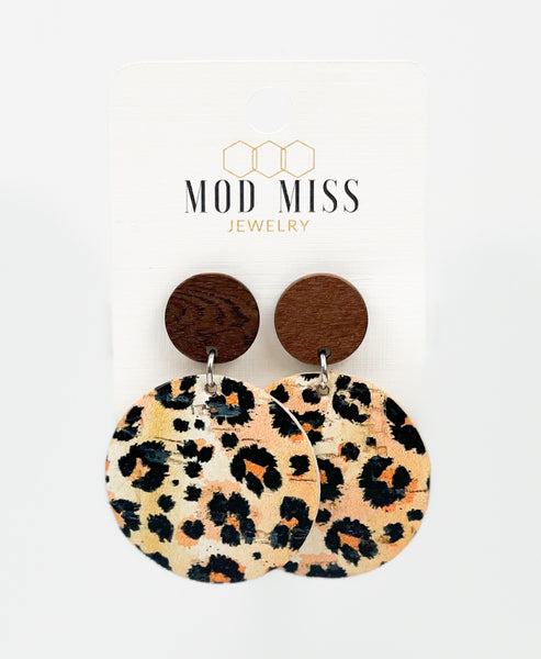 Cork+Leather Round Earring "Leopard Peach"