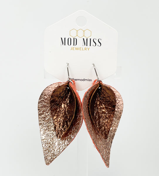 Leather Stacked Petal Earring "Metallic Rose Gold on Metallic Brown"