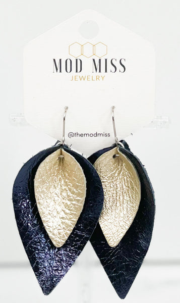 Leather Stacked Petal Earring "Metallic Champagne + Metallic Navy"