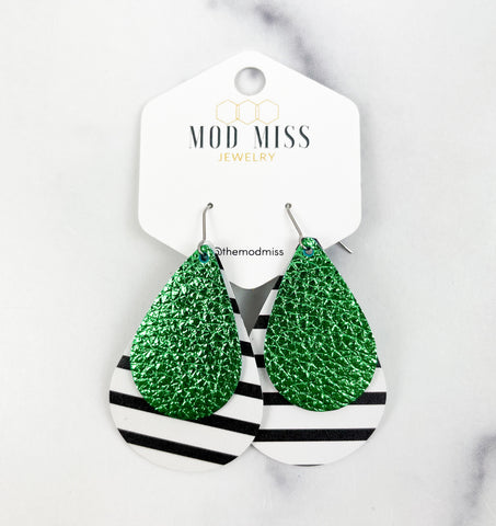 Leather Stacked Teardrop Earring "Metallic Green on Black & White Stripes (Thick Stripes)"