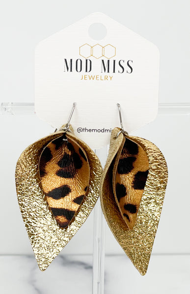 Leather Stacked Petal Earring "Leopard Metallic on Metallic Gold"