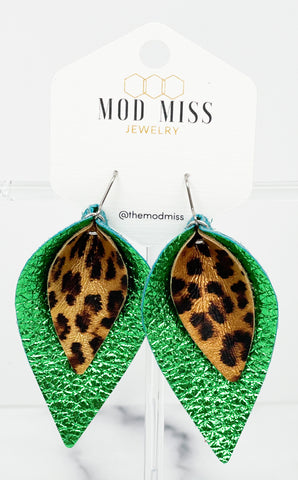 Leather Stacked Petal Earring "Metallic Leopard on Metallic Green"