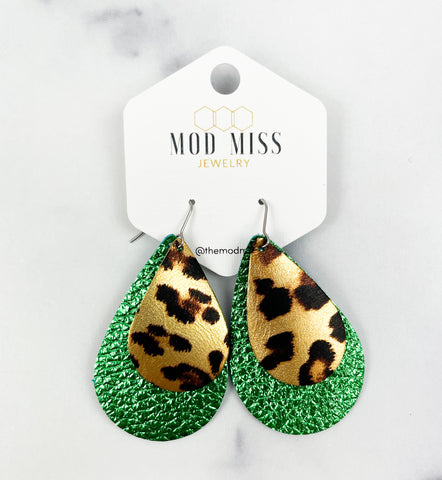 Leather Stacked Teardrop Earring "Leopard Metallic on Metallic Green"