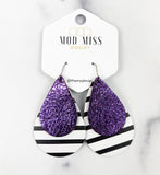 Leather Stacked Teardrop Earring "Metallic Purple on Black & White Stripes (Thick Stripes)"