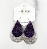 Leather Stacked Teardrop Earring "Metallic Purple + Metallic Gunmetal"