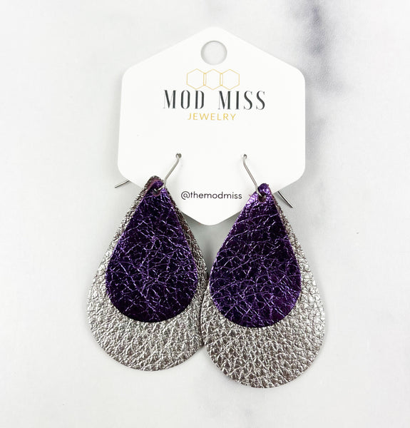 Leather Stacked Teardrop Earring "Metallic Purple + Metallic Gunmetal"