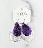 Leather Stacked Teardrop Earring "Metallic Purple + Metallic Silver"