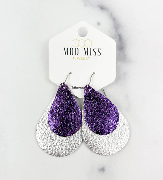 Leather Stacked Teardrop Earring "Metallic Purple + Metallic Silver"