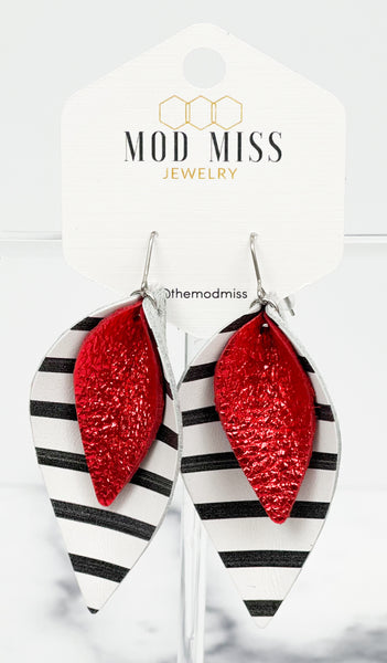 Leather Stacked Petal Earring "Metallic Red on Black and White Stripes (Wide Stripes)"