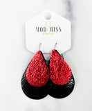 Leather Stacked Teardrop Earring "Metallic Red + Stingray Black"