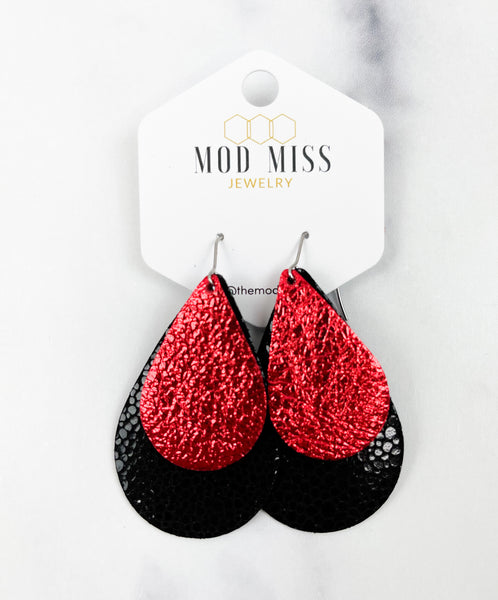 Leather Stacked Teardrop Earring "Metallic Red + Stingray Black"