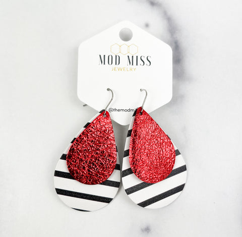 Leather Stacked Teardrop Earring "Metallic Red on Black & White Stripes (Thick Stripes)"