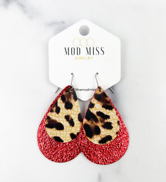 Leather Stacked Teardrop Earring "Leopard Crackle+Metallic Red"