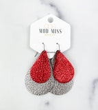 Leather Stacked Teardrop Earring "Metallic Red + Metallic Gunmetal"