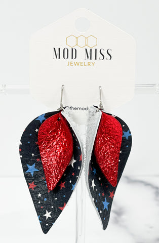 Leather Stacked Petal Earring "Metallic Red on Navy Tiny Stars"