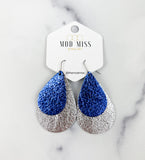 Leather Stacked Teardrop Earring "Metallic Royal Blue + Metallic Silver"