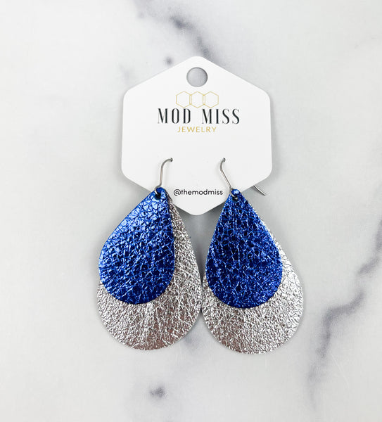 Leather Stacked Teardrop Earring "Metallic Royal Blue + Metallic Silver"