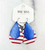 Leather Stacked Teardrop Earring "Metallic Royal Blue on Thick Red & White Stripes (Thick Stripes)"