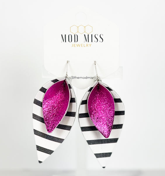 Leather Stacked Petal Earring "Metallic Showgirl Pink + Black & White Stripes (Wide Stripes)"