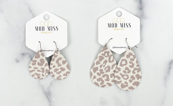 Leather Teardrop Earring "Leopard Nude"