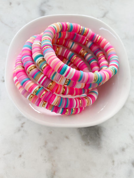 Heishi Color Pop Bracelet "Peachy Pink Multi Gold Discs"