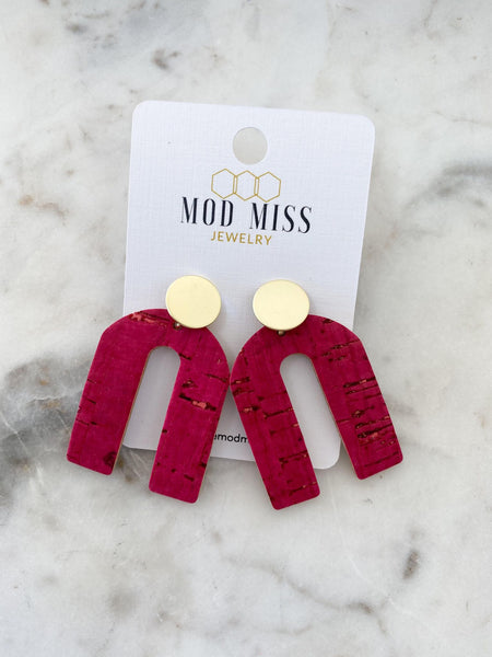 Cork+Leather Arch Earring "Hot Pink"